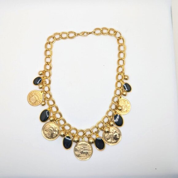 Coin Necklace Black Disc Charms Coin Dangles Charms Gold Tone Link Chain 24" - Picture 1 of 7